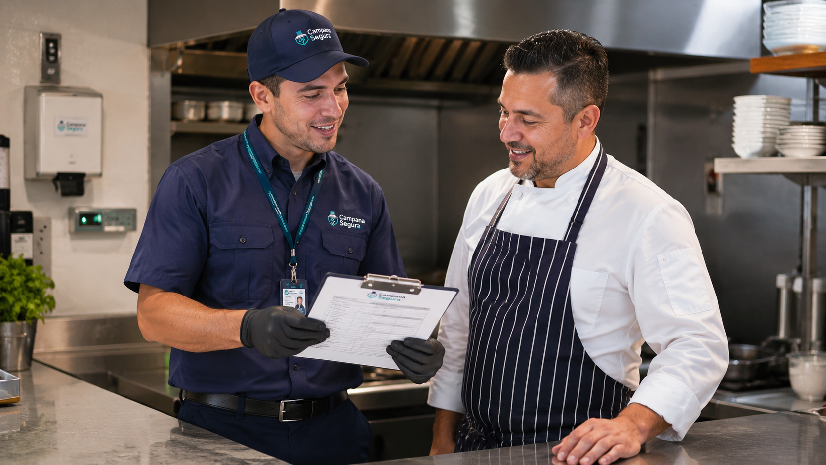 Técnico Campana Segura entregando certificado ITEL a responsable de cocina