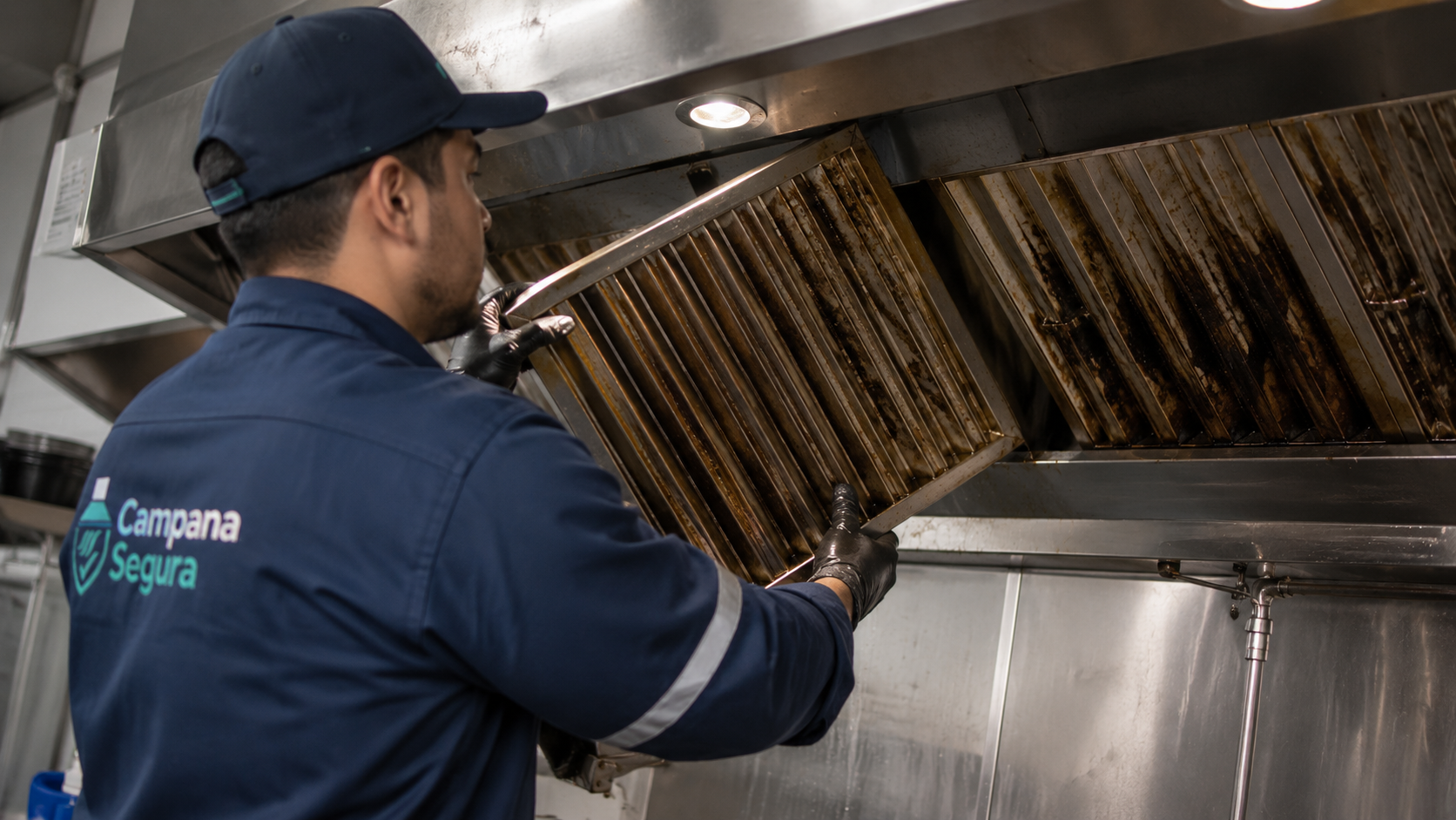 Técnico retirando filtro sucio de campana industrial con branding Campana Segura
