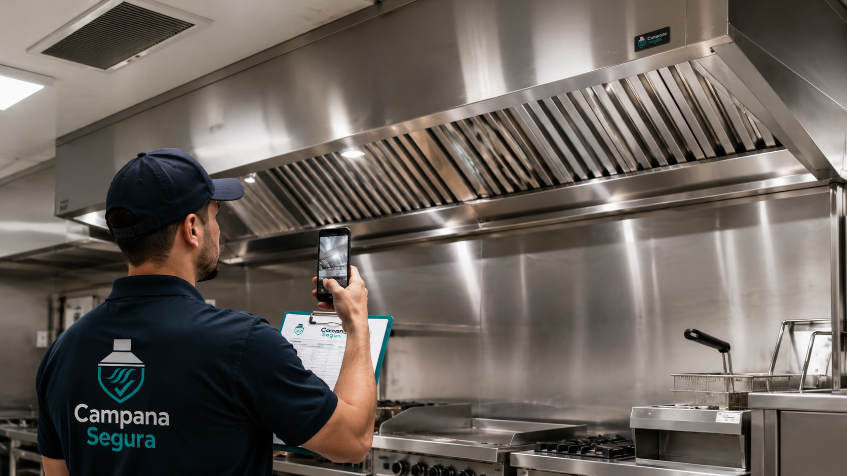 Técnico fotografiando campana limpia para documentación