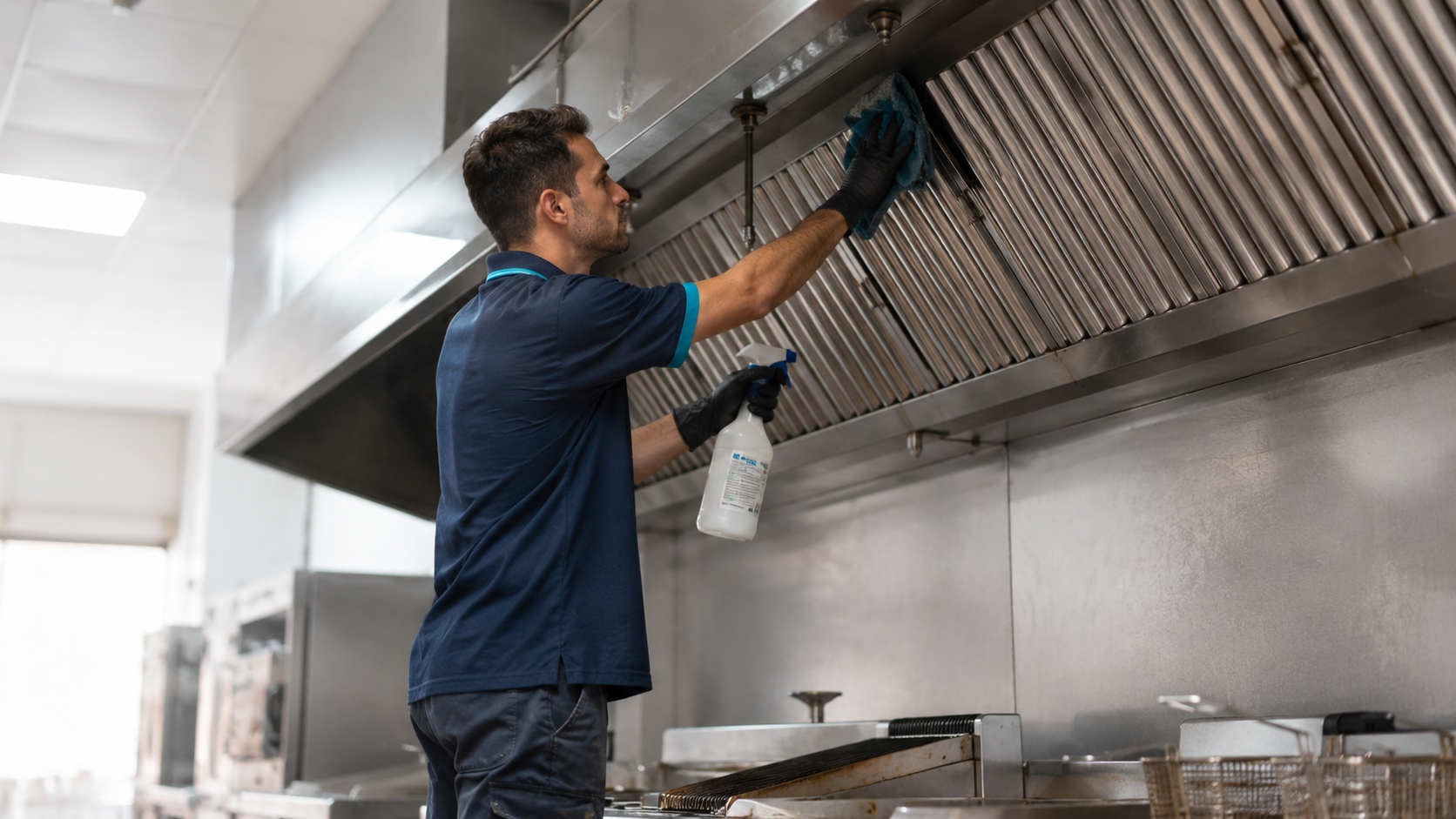 Técnico limpiando campana extractora industrial en cocina profesional